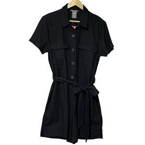 Matty M Linen Blend Button Front Romper M Black Casual Collar Belted Pockets NWT